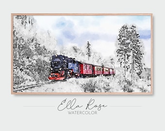 Samsung Frame TV Art | Winter Train in the Snow Landscape Painting | Digital Watercolor Art | Frame TV Painting Winter | Winter Watercolor