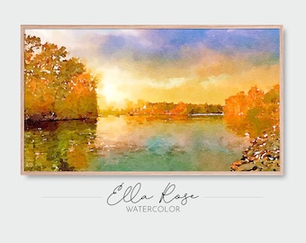 Samsung Frame TV Art | Autumn Sunset at the Lake Landscape | Frame TV Art Fall | Digital Watercolor Art | Frame TV Painting | Autumn Art