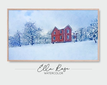 Samsung Frame TV Art | Red House in the Snow Landscape Painting | Digital Watercolor Art | Frame TV Painting Winter | Winter Watercolor