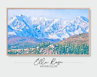 Samsung Frame TV Art | Snowy Mountain View Landscape | Mountain View Watercolor Painting | Digital Watercolor Art | Frame TV Painting Winter