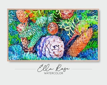 Samsung Frame TV Art | Colorful Pine Cones Landscape | Winter Pinecones Painting | Digital Watercolor Art | Frame TV Painting Winter