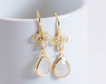 Gold Crystal Teardrop Earrings - Elegant Gold Wedding Earrings - Wedding Jewelry - Delicate Gold Earrings - Dainty Gold Wedding Earrings