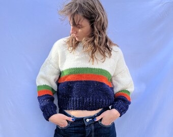 Hand Knitted Sweater Cream Navy Blue Orange Green Stripe