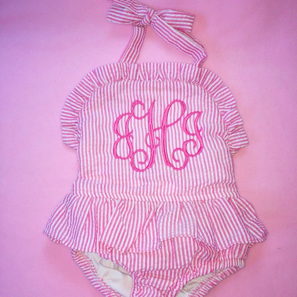 Monogrammed Swimsuit, Toddler swimsuit, Monogrammed one piece, seersucker swimsuit, Baby swimsuit