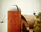 Rustic Photography, grain silo, weathered barn, brick silo, farm scene, wood barn, primitive, brick red, gray, gold, Country Home Decor