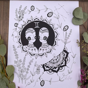 Ilustracja zodiaku Bliźnięta wydruk artystyczny