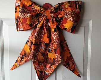 Reversible giant quilted fall bow/gnomes/leaves/ wall decor