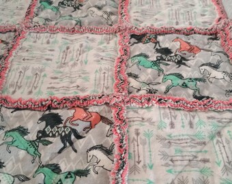 Aztec Horse Flannel Rag Quilt: Stroller Blanket, 36"x36"