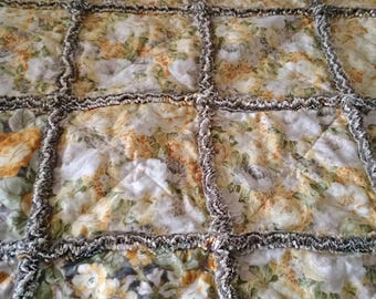 Yellow flowers rag quilt/throw/yellow and gray/48" x 64"