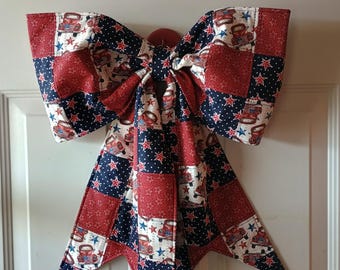 Reversible giant fabric quilted bow/home decor/ red white and blue/door hanger