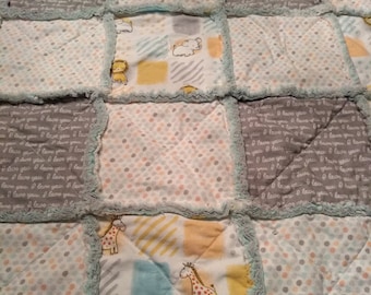 Baby Rag Quilt, Cotton Flannel Stroller Blanket, Neutral Animals (34x34)