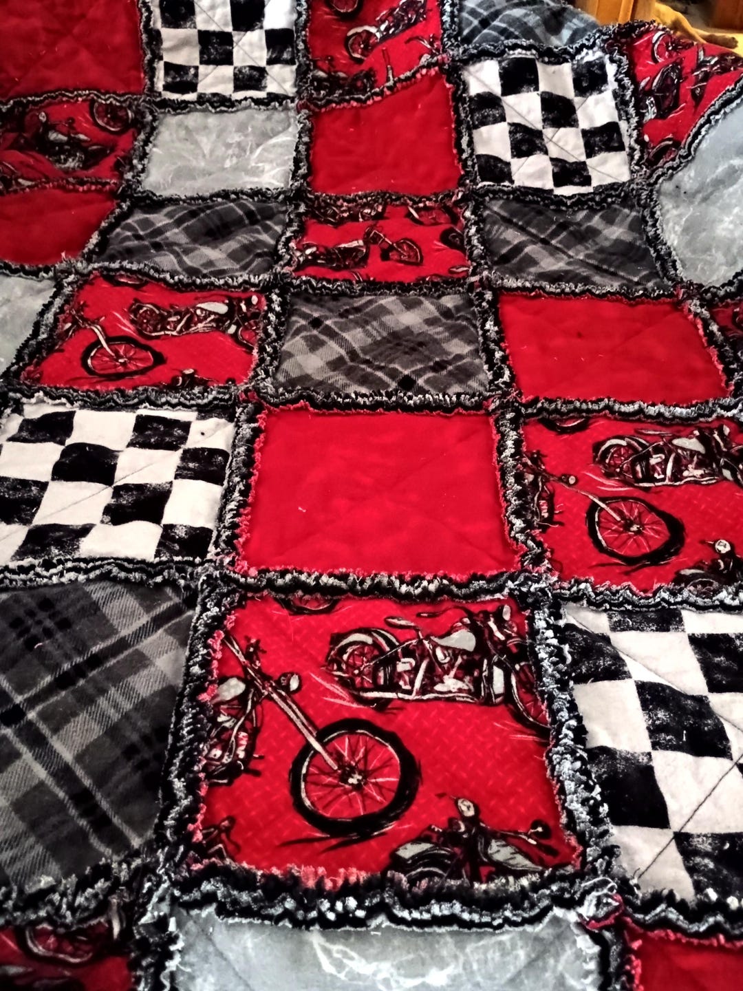 Vintage Cycle Rag Quilt/flannel/throw/bedding/lap Blanket/chopper Bike ...