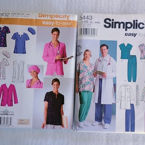 May include: Two Simplicity sewing pattern envelopes. One features images of medical scrubs and a pink jacket. The other shows a variety of medical attire, including scrubs and a lab coat. The text "easy-to-sew" is visible.