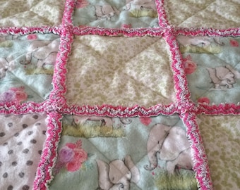 Elephant baby rag quilt/ flannel blanket/36" x 36"