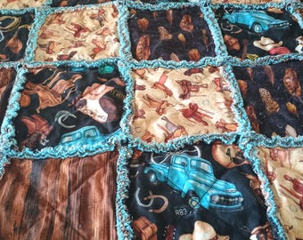 Western rag quilt/throw/cotton bedding/vintage truck/cowboy
