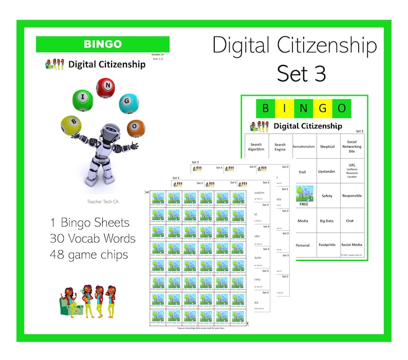 Digital Citizenship Bingo Game Sets 14 48 FREE Bingo Chips Etsy