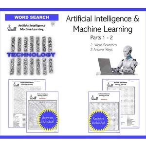 May include: Two printable word search puzzles on artificial intelligence and machine learning. Each puzzle has a title, "Artificial Intelligence & Machine Learning", and "Parts 1 - 2". The puzzles are accompanied by a robot sitting at a laptop computer.