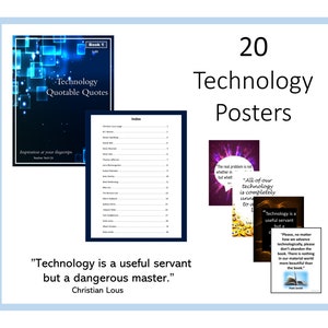 Könnte beinhalten: Ein Satz von 20 Technologie-Postern mit Zitaten über Technologie. Die Poster zeigen eine Vielzahl von Farben und Designs, darunter Lila, Blau und Gelb. Die Zitate auf den Postern befassen sich mit der Bedeutung von Technologie, den Gefahren von Technologie und der Notwendigkeit, ein Gleichgewicht zwischen Technologie und anderen Aspekten des Lebens zu finden.
