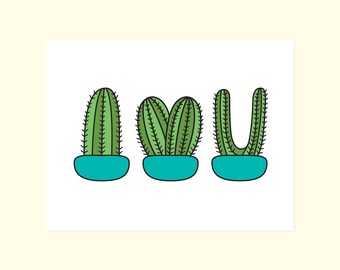 Cute Love Card. Cactus Anniversary Card. I Heart You. Cactus Card. Love Greeting Card. Love Card. Cacti Card. Succulents. Plant Card. Love.