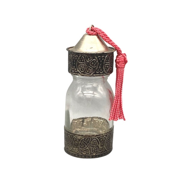 Handmade Morocco Glass Spice Bottle - Hammered Embossed Silver Metal with Silk Tassel - Great Gift Boho Chic