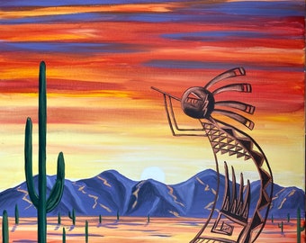 Kokopelli Art Print, Southwest Sunset Painting, 11x14 Matted