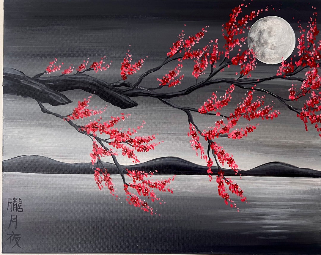 Cherry Blossom Moonlight Art Etsy(02)