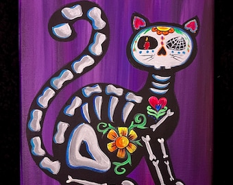 blacklight sugar skull cat painting