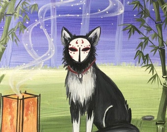 May include: A black and white fox with a red and white mask sits in a bamboo forest. The fox has a white tail tip and a red collar with a bell. A glowing orange lantern sits in the foreground.