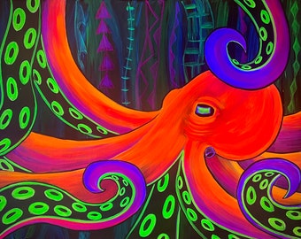 Hawaiian octopus tribal black light original painting