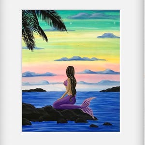 May include: A painting of a mermaid sitting on a rock in the ocean. The mermaid has long black hair and is wearing a purple tail. The sky is a vibrant sunset with pink, orange, and yellow clouds.