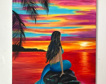Mermaid Sunset Art Print, Tropical Seascape (11x14 Matted)
