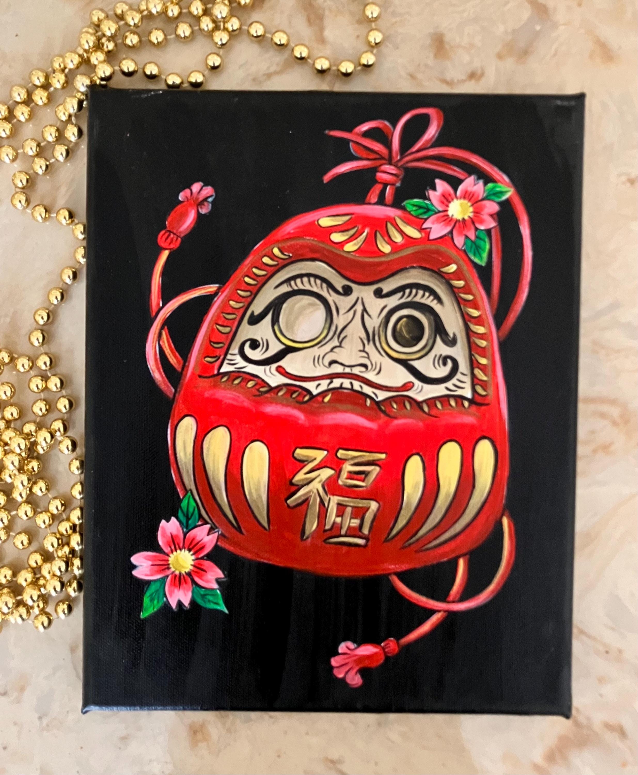 Hand-painted Daruma Doll Canvas Art, Japanese Good Luck Talisman