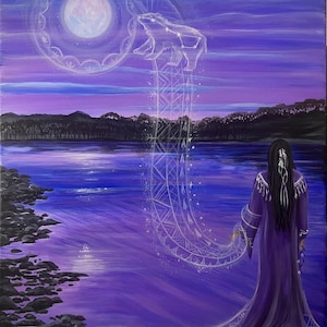 May include: A painting of a woman in a purple dress standing by a lake. The woman is facing away from the viewer and has long black hair. The lake is a deep purple color and there are rocks on the shore. The sky is a light purple color and there is a full moon in the sky. The moon is surrounded by a white circle with a white bear paw print on it. The bear paw print is connected to the woman's dress by a white line.