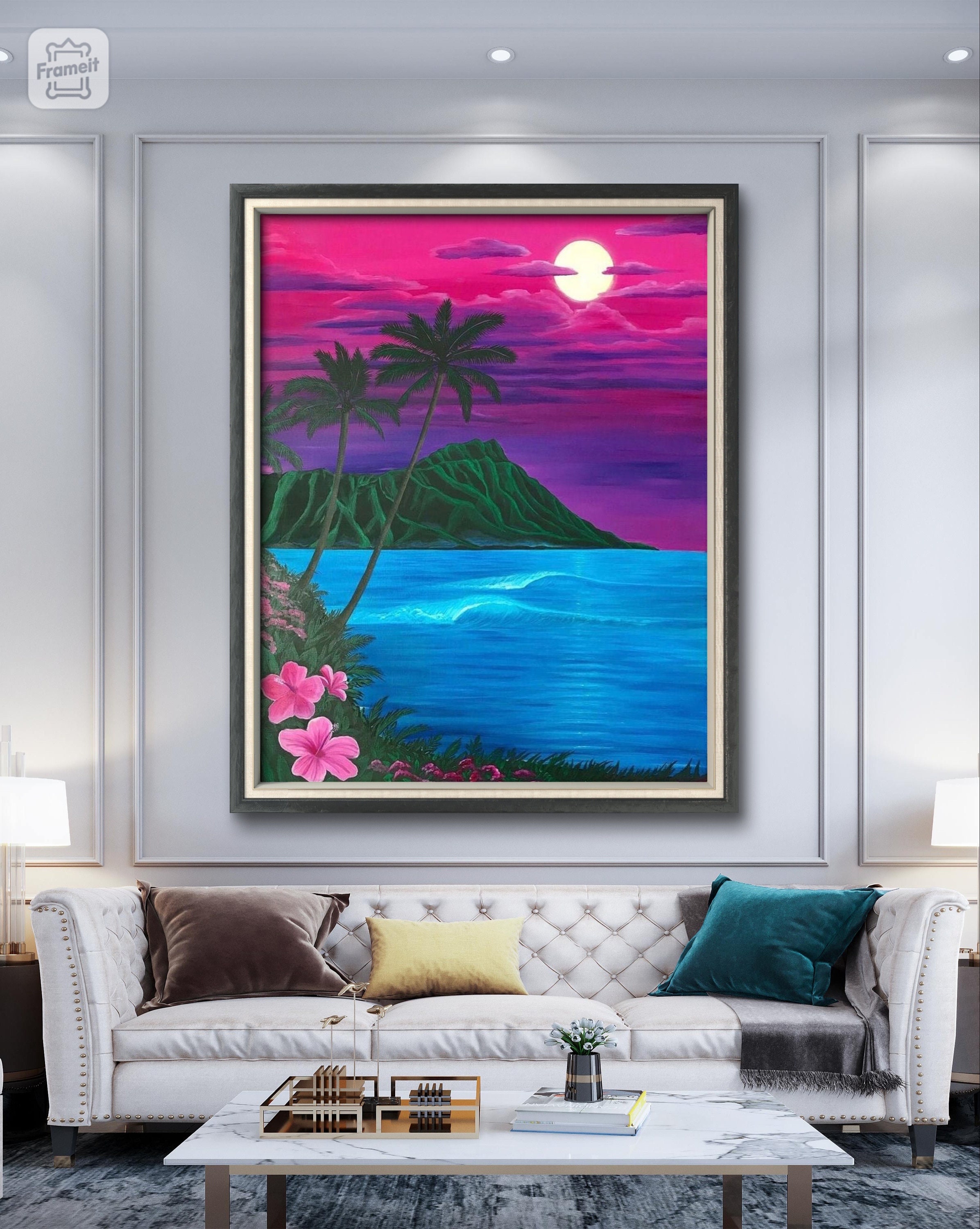 Diamond Head Acrylic Painting, Waikiki Full Moon Art Print - Etsy
