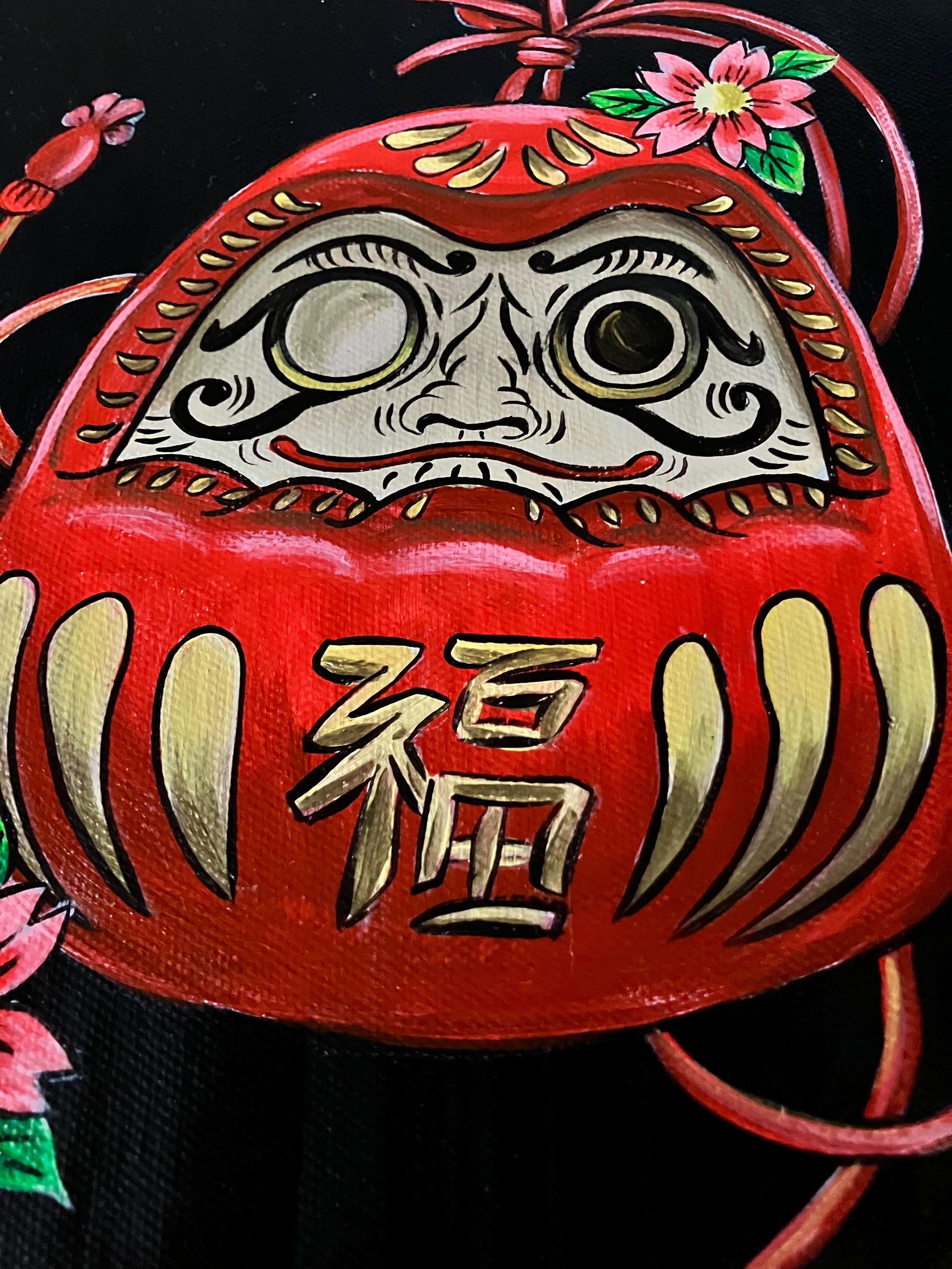 Hand-painted Daruma Doll Canvas Art, Japanese Good Luck Talisman