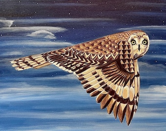 ハワイアン・プエオ・フクロウの絵画、アクリル絵具、16x20インチの