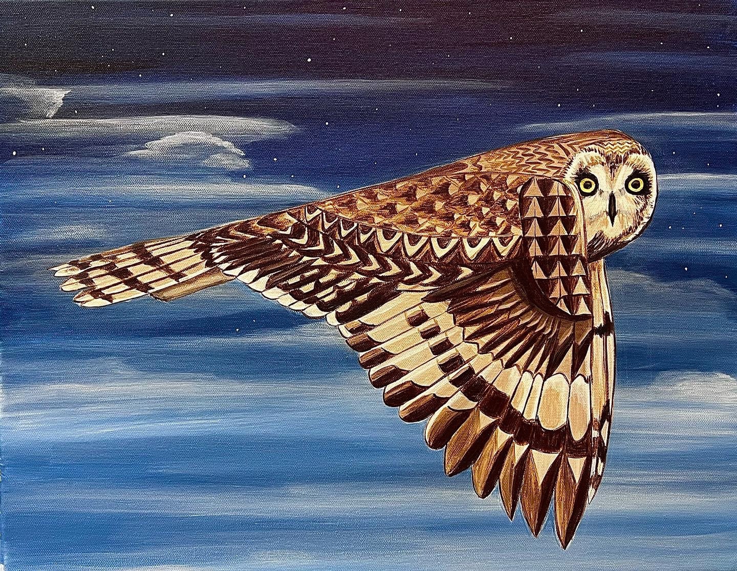 ハワイアン・プエオ・フクロウの絵画、アクリル絵具、16x20インチの