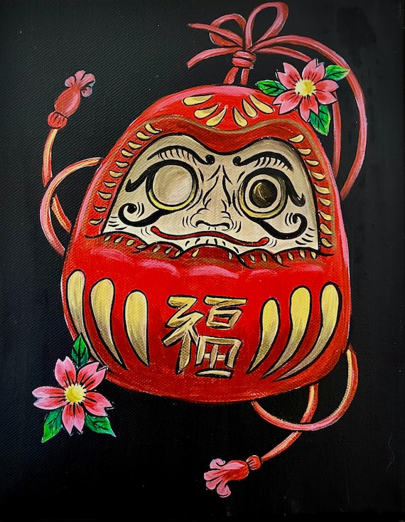 Hand-painted Daruma Doll Canvas Art, Japanese Good Luck Talisman