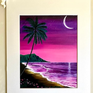 Moon over Diamond Head painting. 11x14 matted print inches