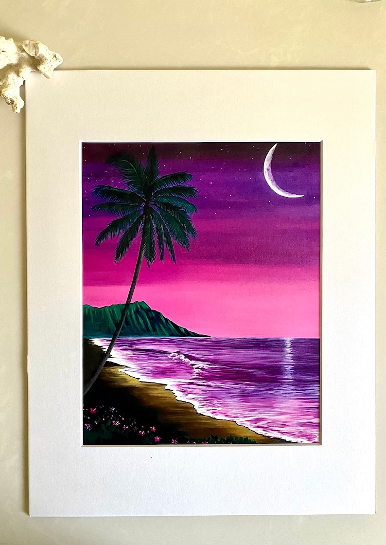 Moon over Diamond Head painting. 11x14 matted print inches