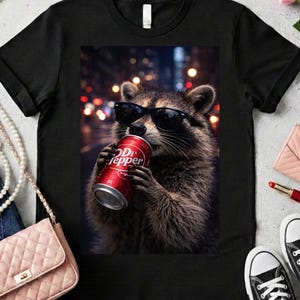 May include: Black t-shirt featuring a raccoon wearing sunglasses and drinking from a Dr. Pepper can. The raccoon is set against a blurred city lights background. Accessories include sunglasses, jewelry, and a purse.