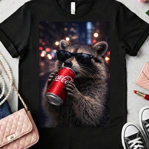 Può includere: T-shirt nero con un procione con occhiali da sole che beve da una lattina rossa di Coca-Cola. Lo sfondo è una scena urbana sfocata. Parte di una collezione di abbigliamento.