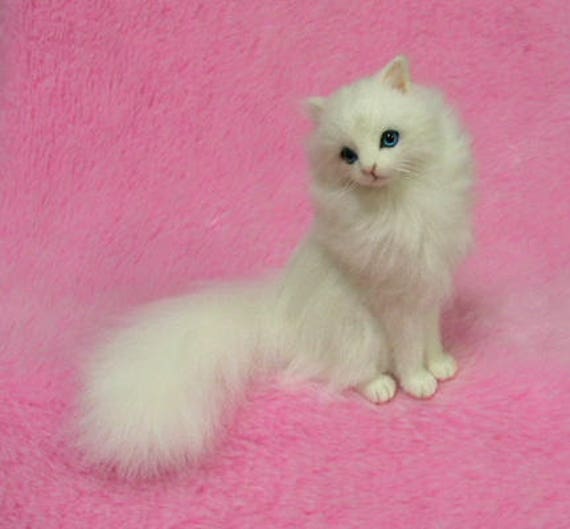 Needle Felted Long Haired White Cat With Blue Eyes Miniature Etsy