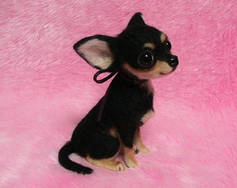 Needle Felted Cute Chihuahua Puppy, Black Tan: Miniature Needle Felt Dog, Needle Felting