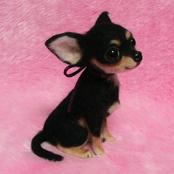 Needle Felted Cute Chihuahua Puppy, Black Tan: Miniature Needle Felt Dog, Needle Felting