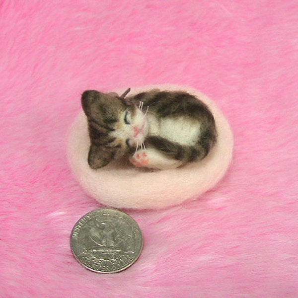 Needle Felted 1.8  Inch Sleeping Kitten with Pillow: Needle Felt Cat, Doll House Cat, Needle Felting