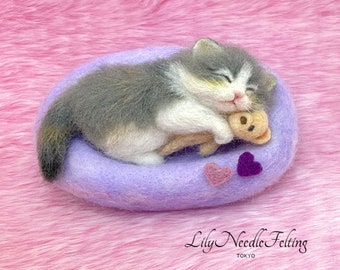 Needle Felted Sleeping Kitten on a Pillow: Needle Felt Cat, Needle Felting