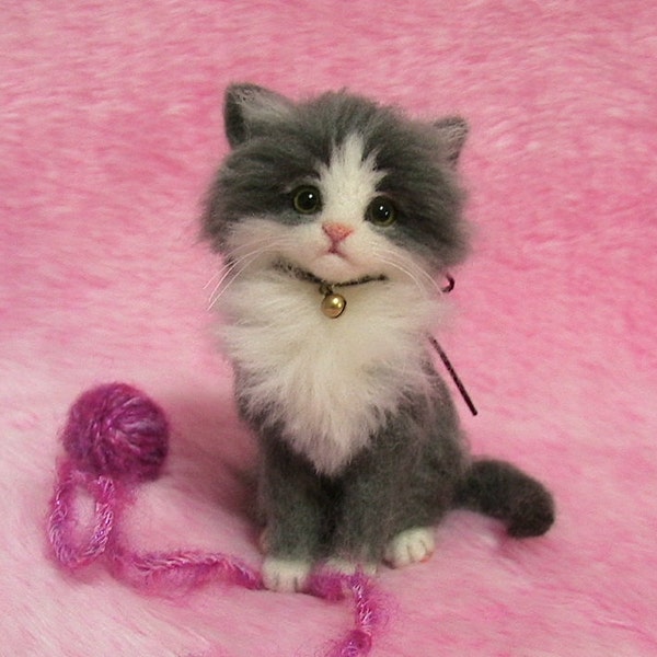 Needle Felted Gray & White Fluffy Kitten with a yarn ball: Miniature Wool Felt Cat