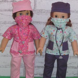 18 doll clothes fits dolls such as American girl nurse scrub set 6-piece scrub top pants face mask shoes stethoscope Made in USA image 2