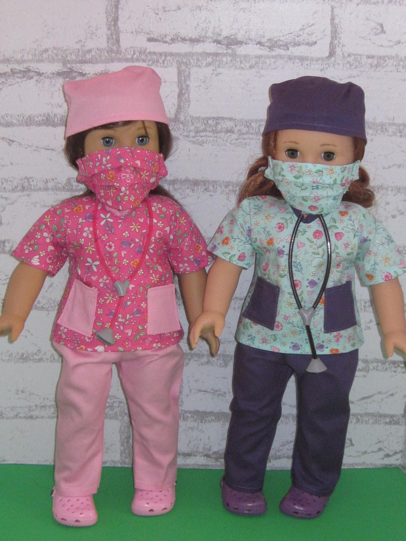 18 doll clothes fits dolls such as American girl nurse scrub set 6-piece scrub top pants face mask shoes stethoscope Made in USA image 2